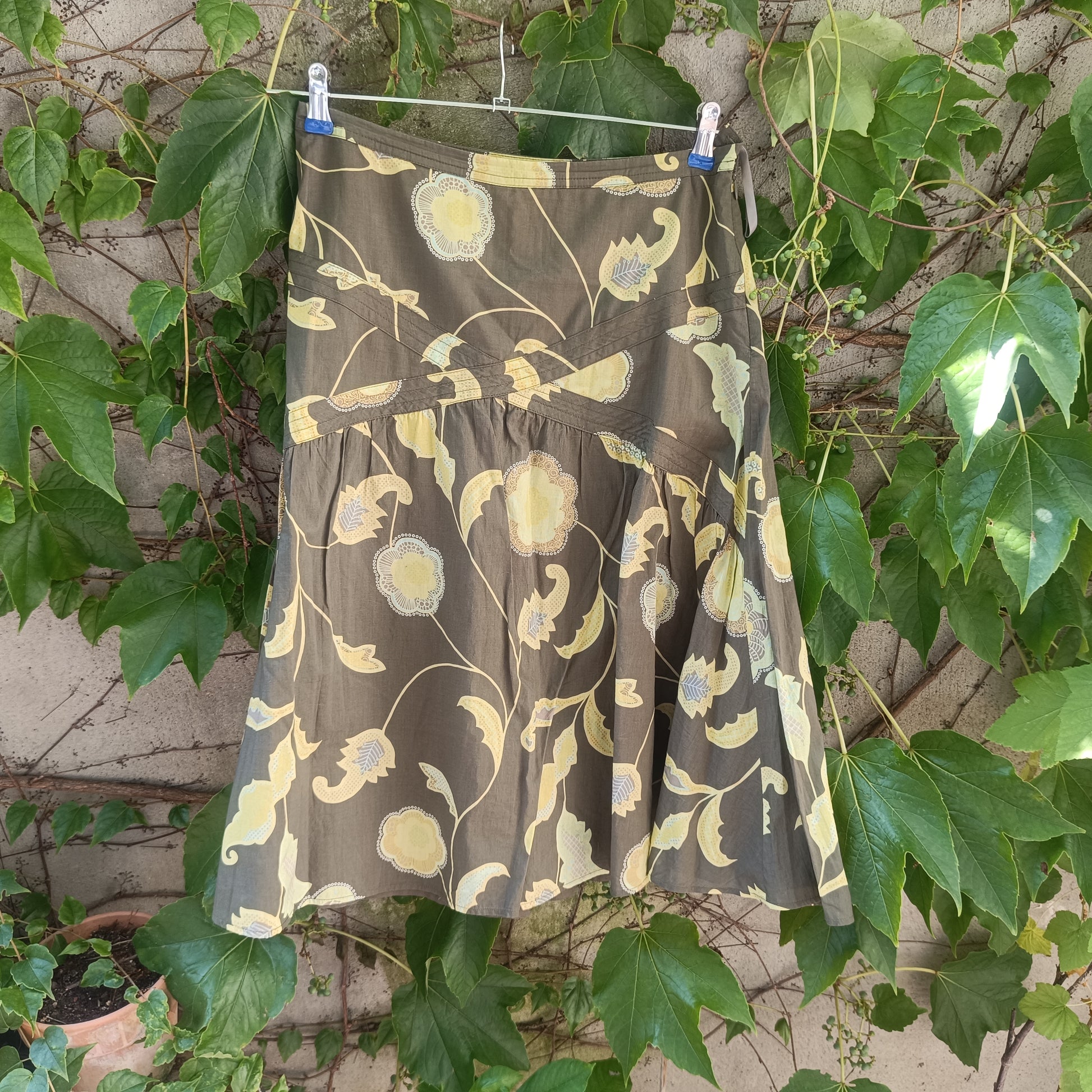 Floral Midi Skirt - Vintage 2000s Y2K Mexx Olive Green - Fits XS S