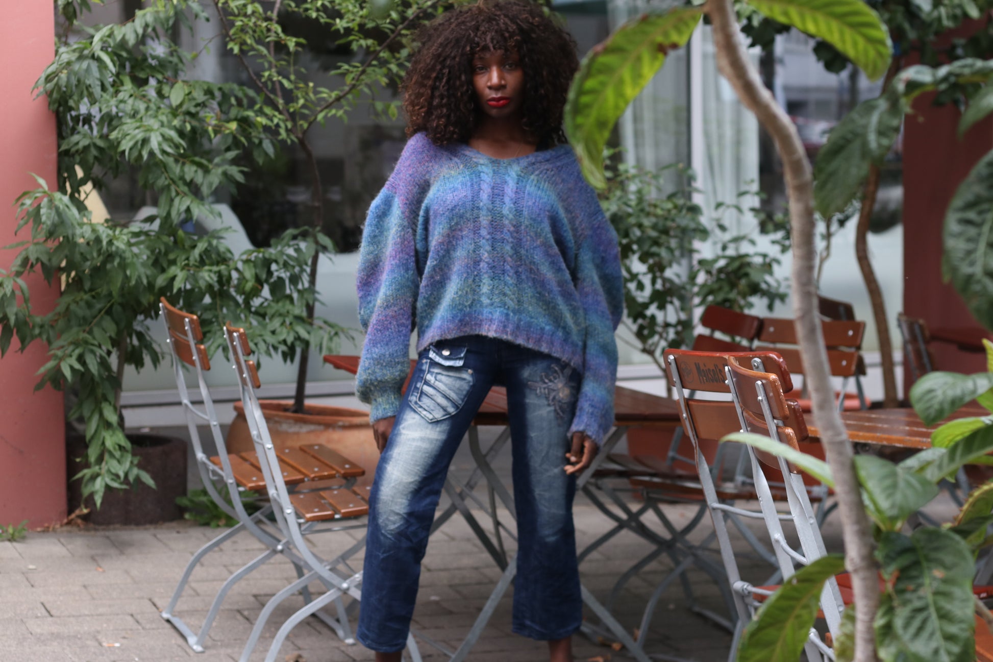 V-Neck Cable Knit Sweater | Vintage 80s Blue Puff Sleeve Jumper M