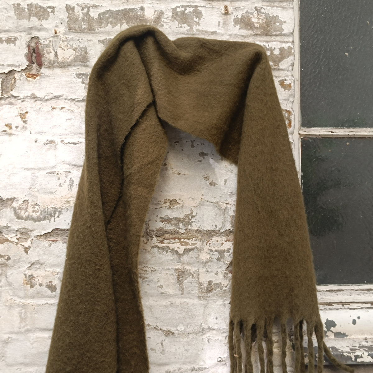Vintage Olive Green Fringe Scarf | Cozy Winter Knit | Unisex Accessories