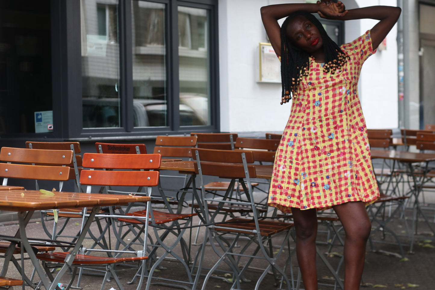 Vintage 1990s Gingham Dress Floral Plaid Mini Dress Yellow Red Smock Grunge Medium
