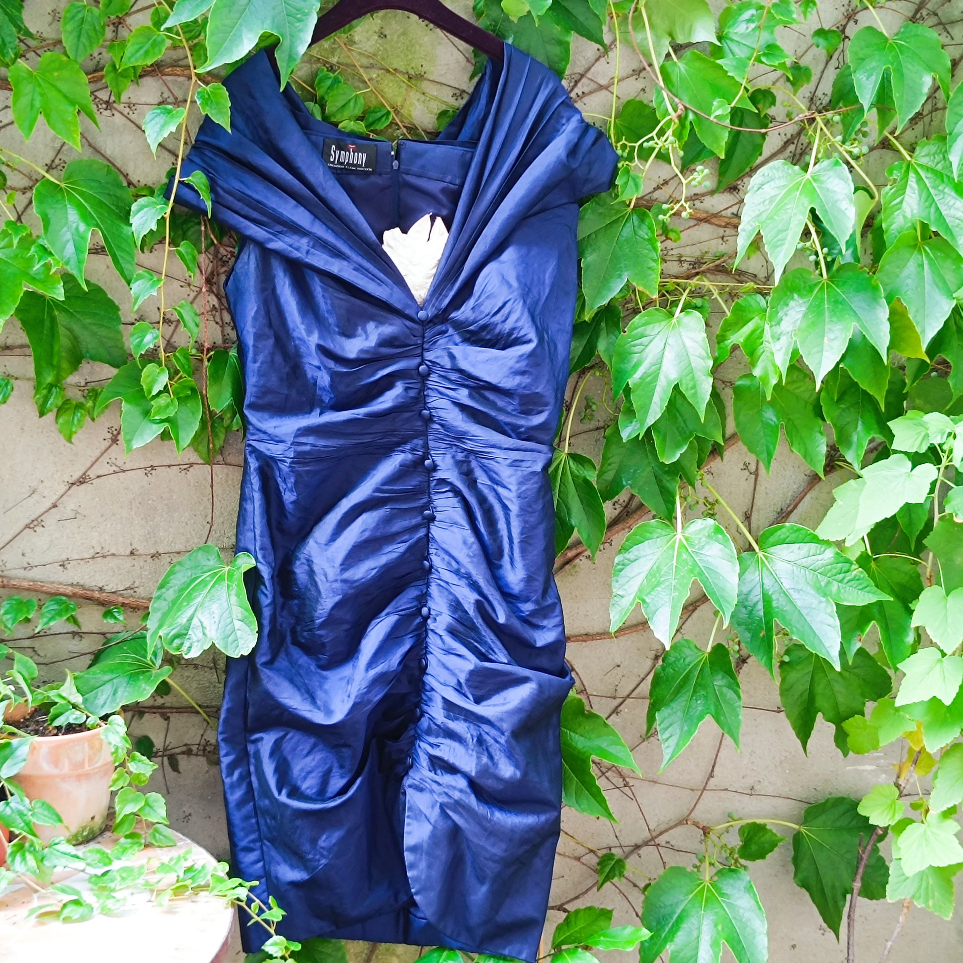Vintage Silk Evening Dress | 80s Off Shoulder Ruched Party Gown | M-L