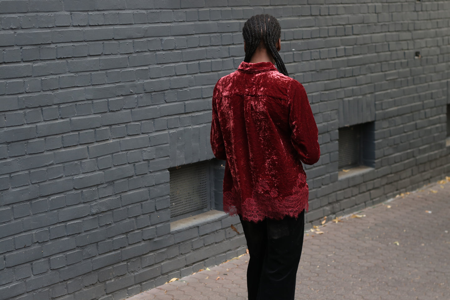  Vintage Gothic Red Velvet Top  | 90s Lace Hem Button Up S