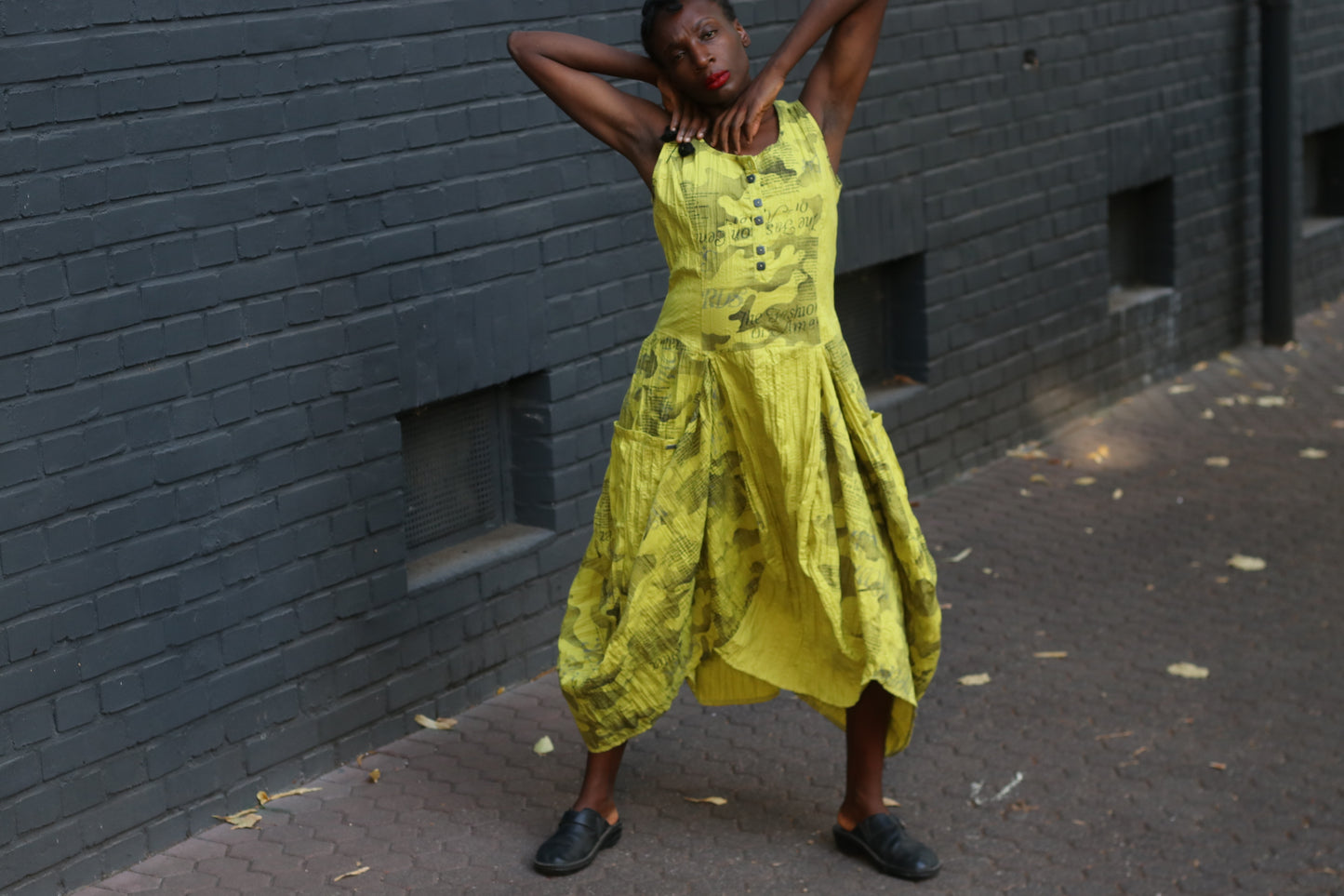 Yellow Avant-Garde Newspaper Dress - 90s Printed Balloon Midi - M/L