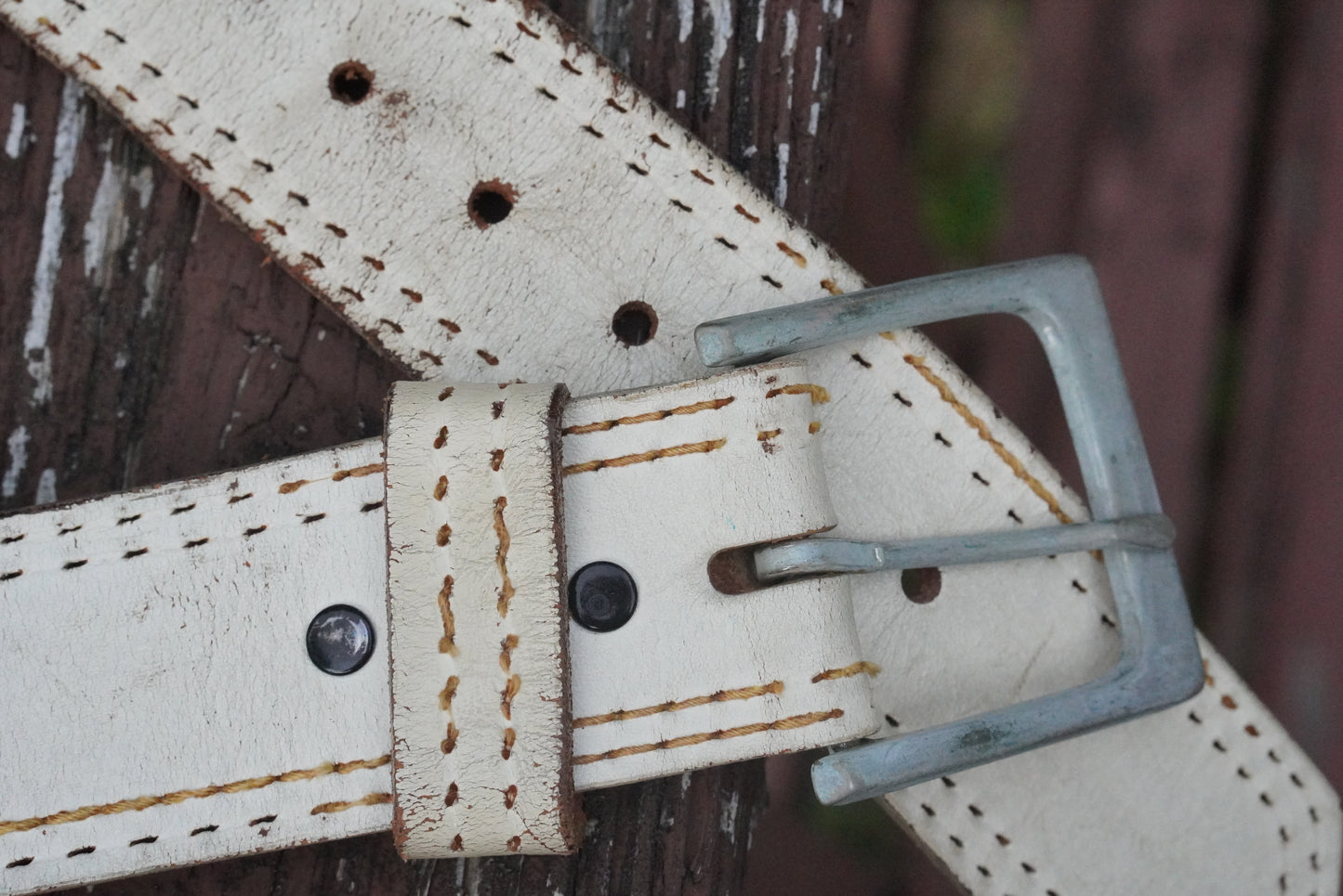 Vintage White Leather Belt - 70s Top Grain Bridle Stitch Belt - Medium