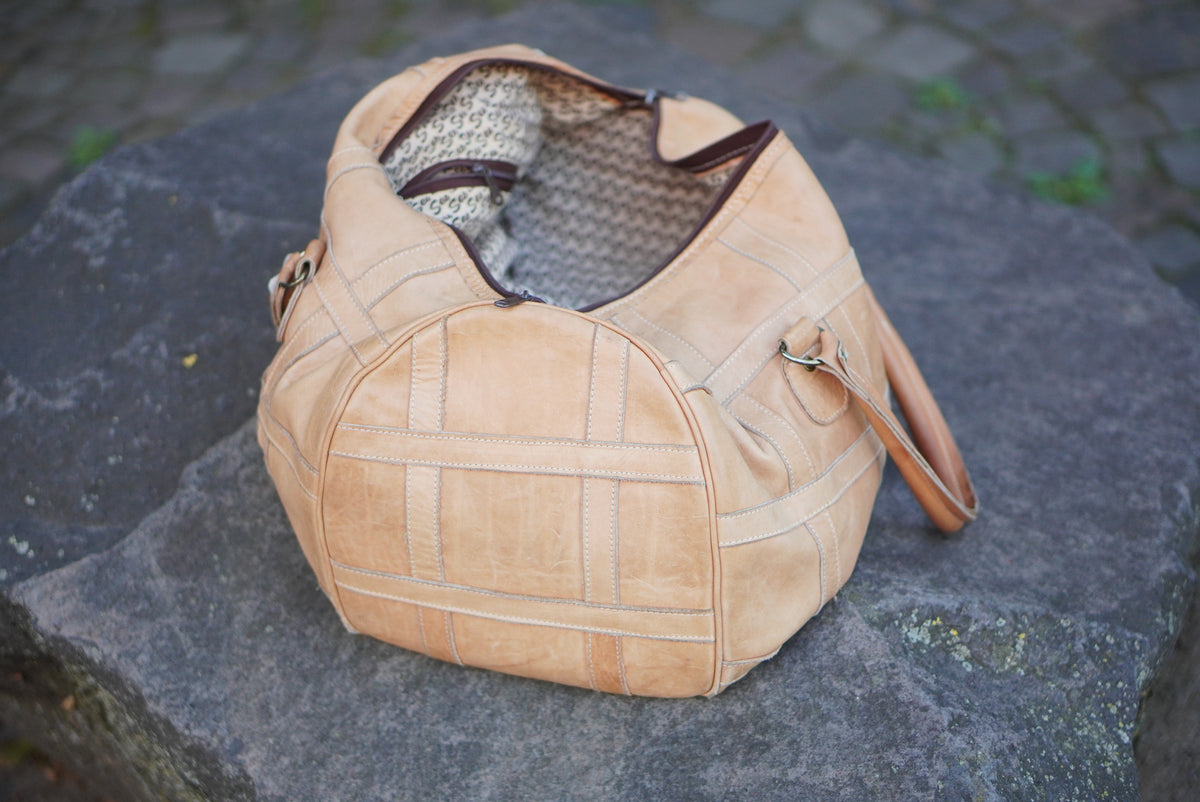 Vintage Patchwork Leather Duffle Bag - 1970s Tan Travel Holdall