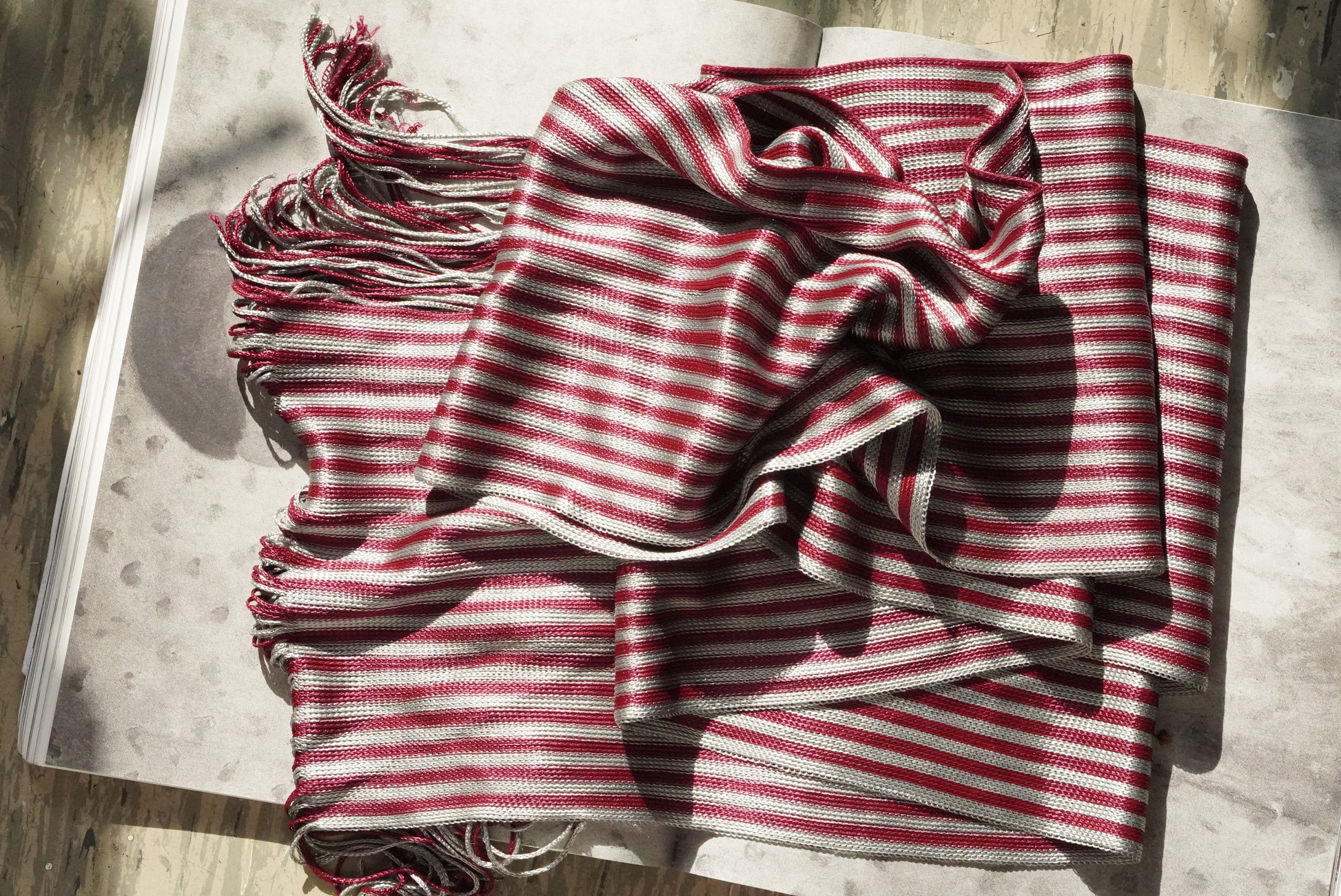 Vintage Burgundy Silver Striped Scarf Fringe Woven Retro Unisex Wrap Shawl