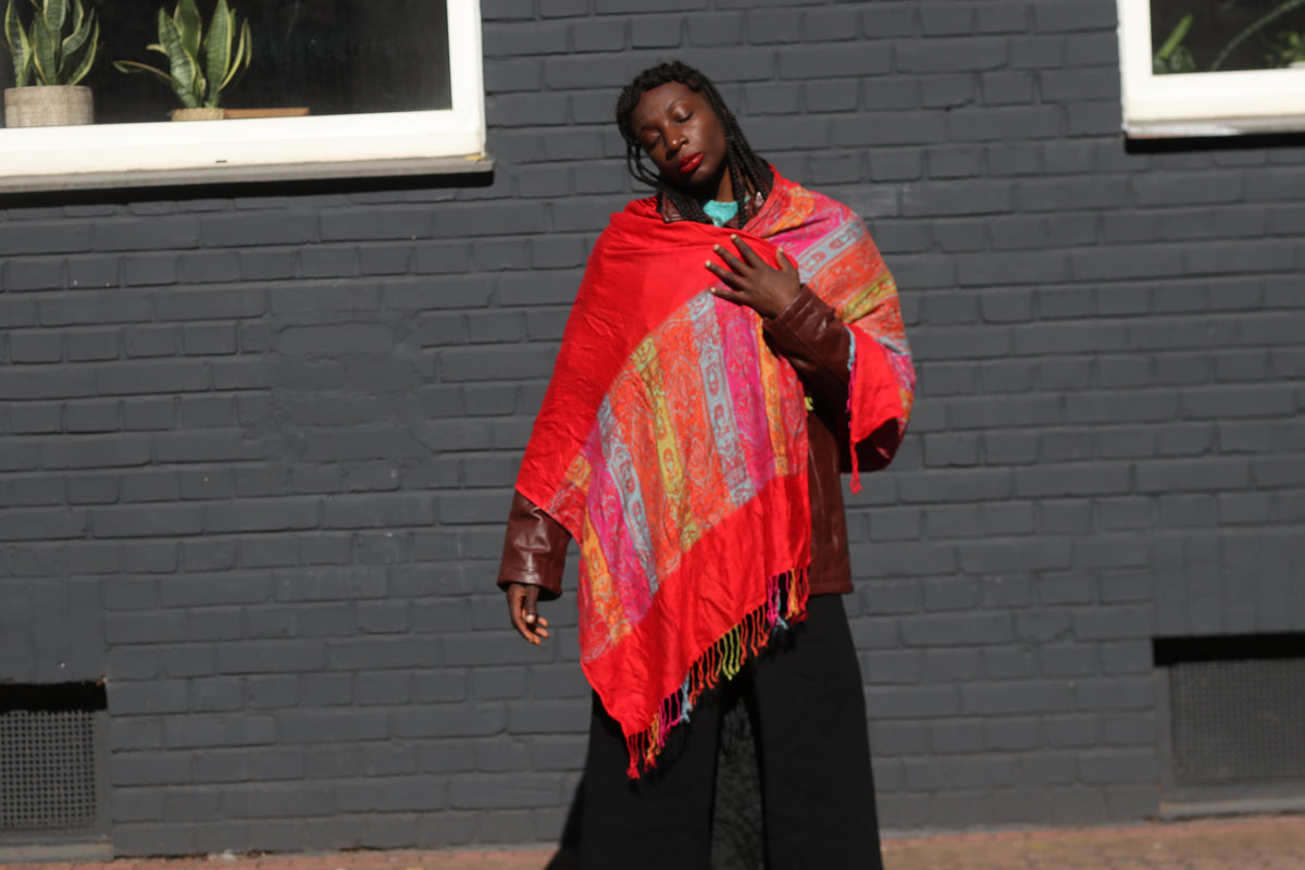 Vintage Red Paisley Pashmina Shawl - Boho Fringe Wrap Scarf
