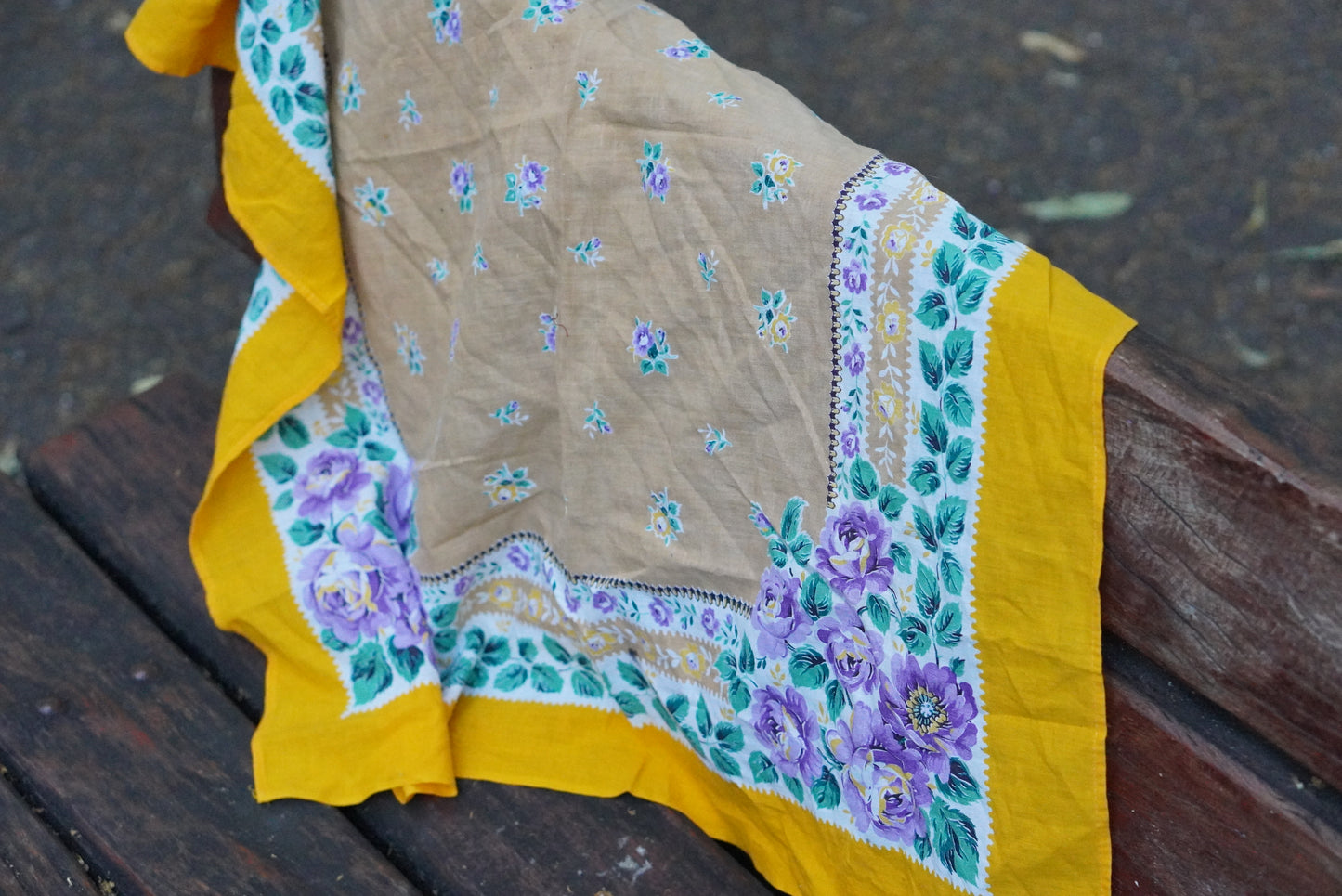 Vintage Floral Scarf Yellow Purple Rose Babushka Headscarf Cotton Square Bandana