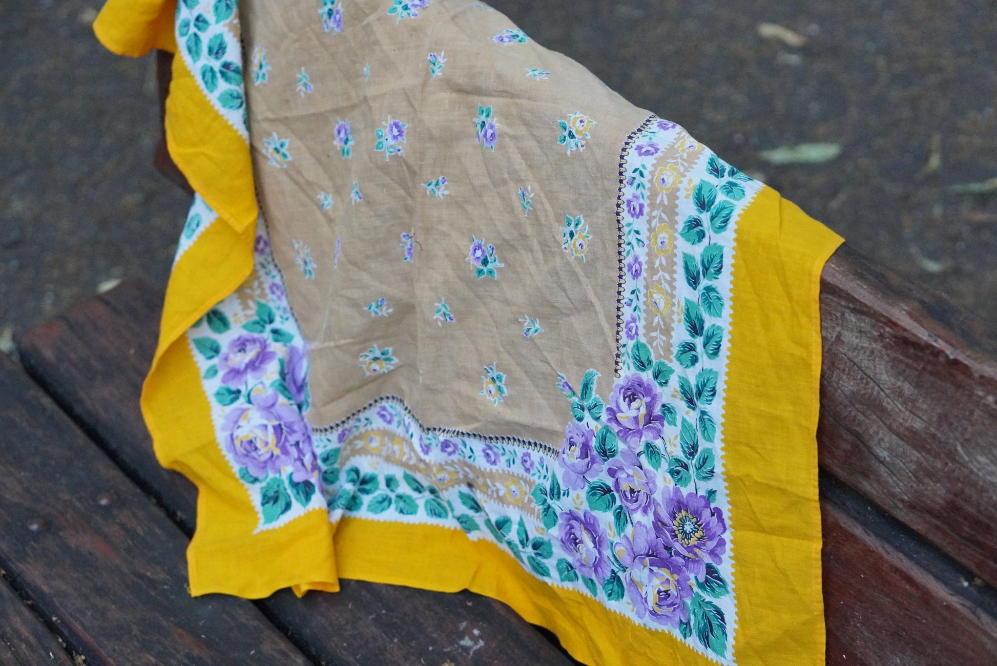 Vintage Floral Scarf Yellow Purple Rose Babushka Headscarf Cotton Square Bandana