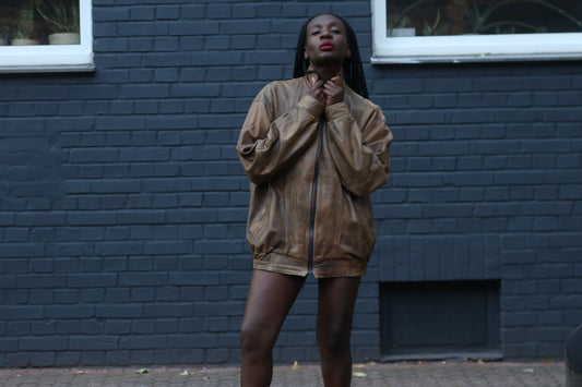 Grecos Vintage 1980s Brown Leather Bomber Jacket Oversized Aviator Flight Coat