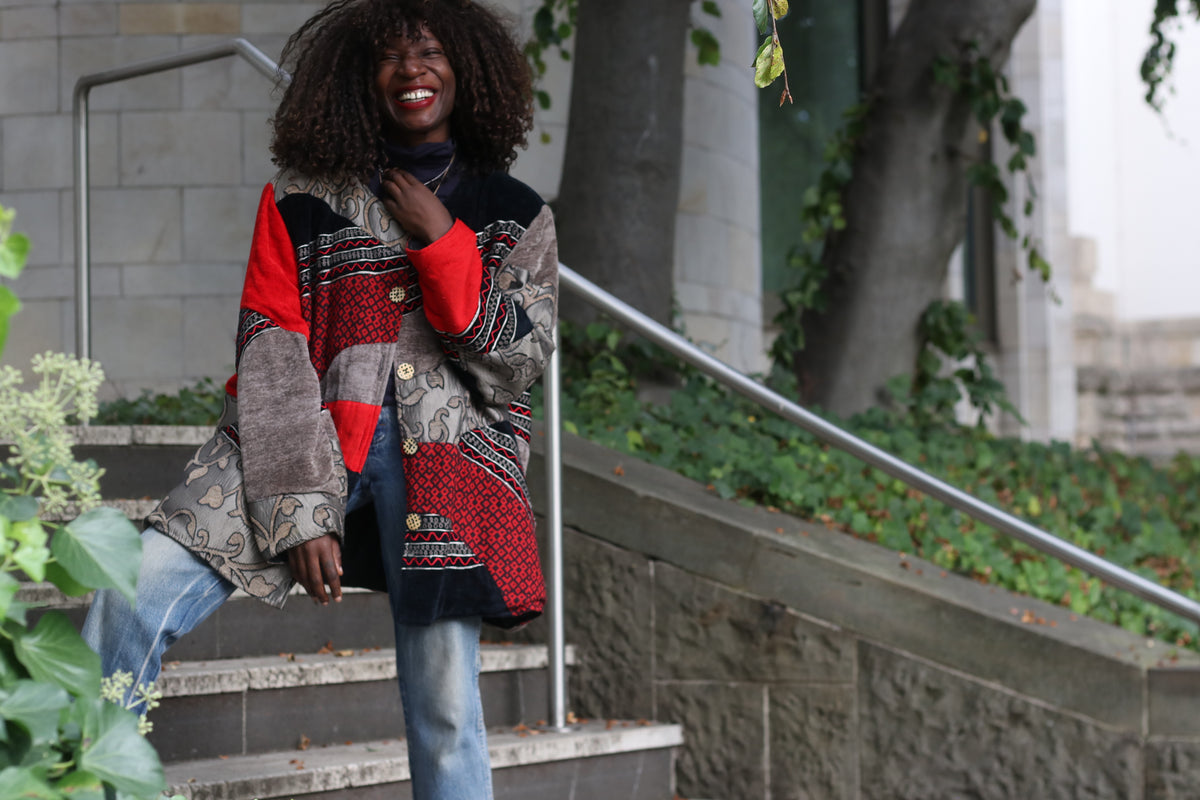 Vintage Patchwork Jacket - Y2K Boho Tapestry Coat Red Black | XXL