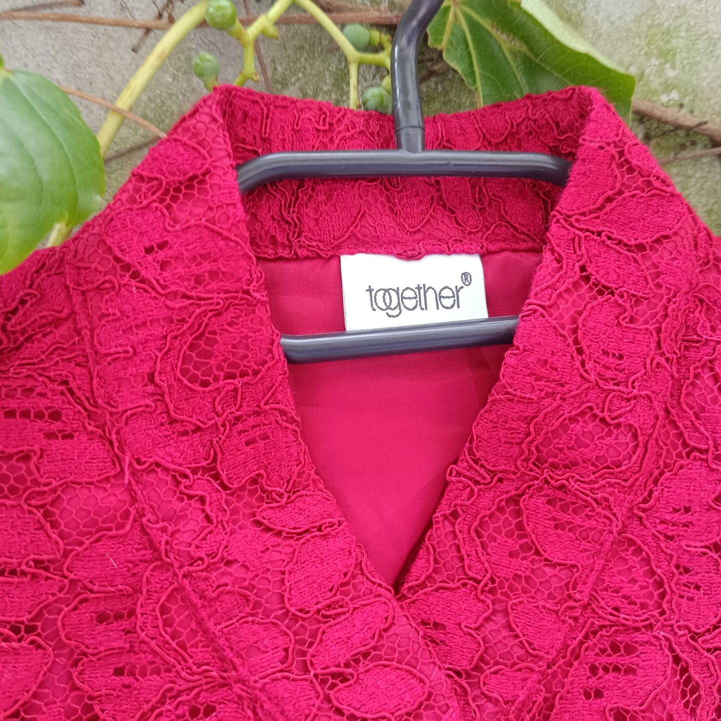 Red Lace Blouse Vintage 90s Mandarin Collar Shirt Short Sleeve | Fits S/M