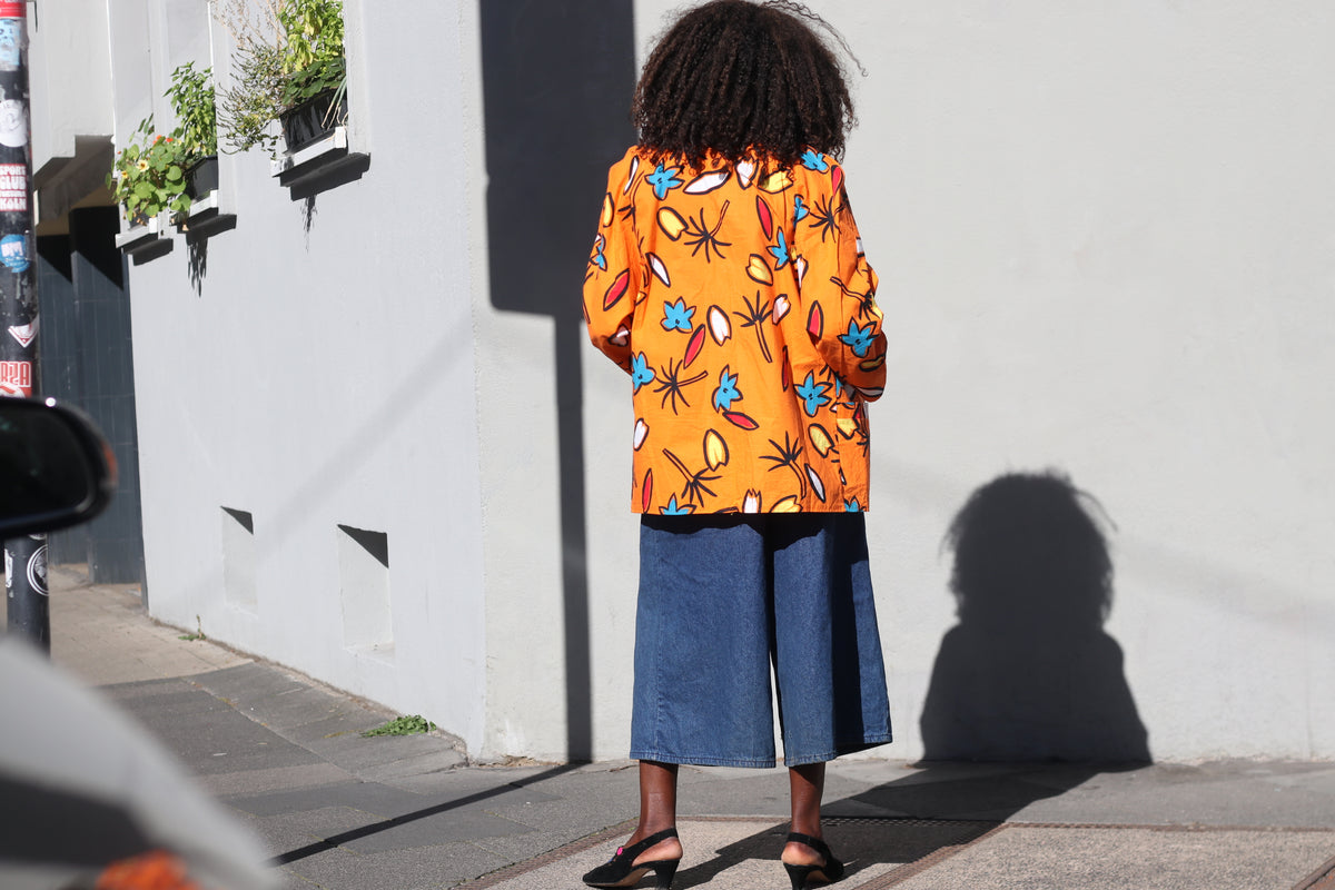 Vintage 80s Abstract Print Blazer | Orange Cotton Art Jacket M/L