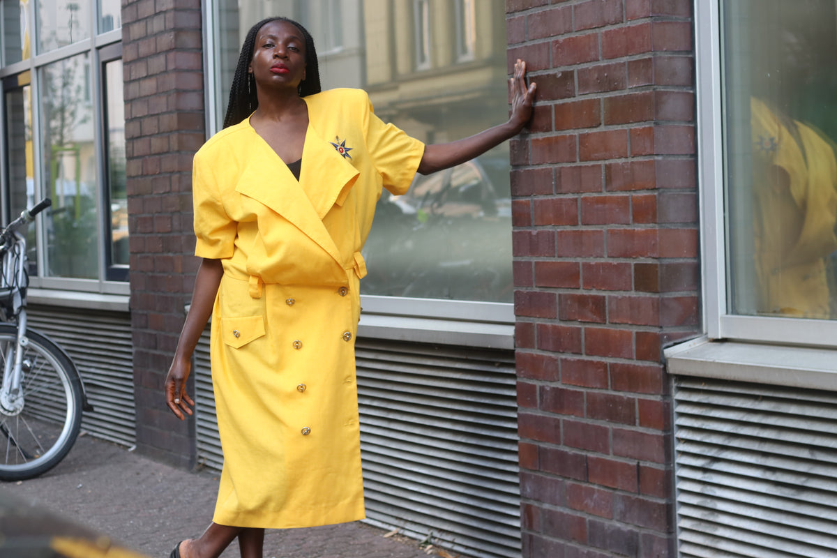 Vintage 80s Yellow Trench Dress | Short Sleeve Midi Shirtdress L to XL
