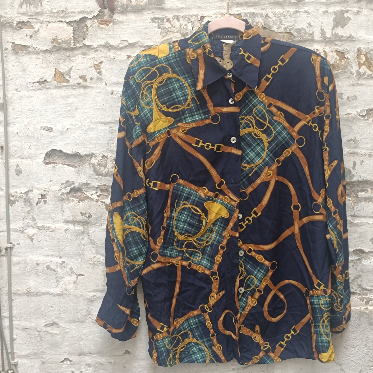 90s equestrian print button down shirt, resort style navy blue blouse, size M