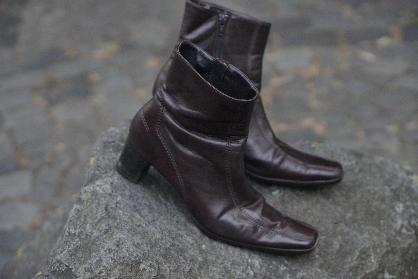 Vintage Paul Green Leather Ankle Boots - 90s Brown Square Toe Heel UK 8 EU 42