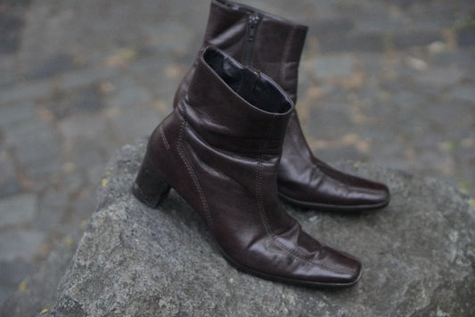 Vintage Paul Green Leather Ankle Boots - 90s Brown Square Toe Heel UK 8 EU 42