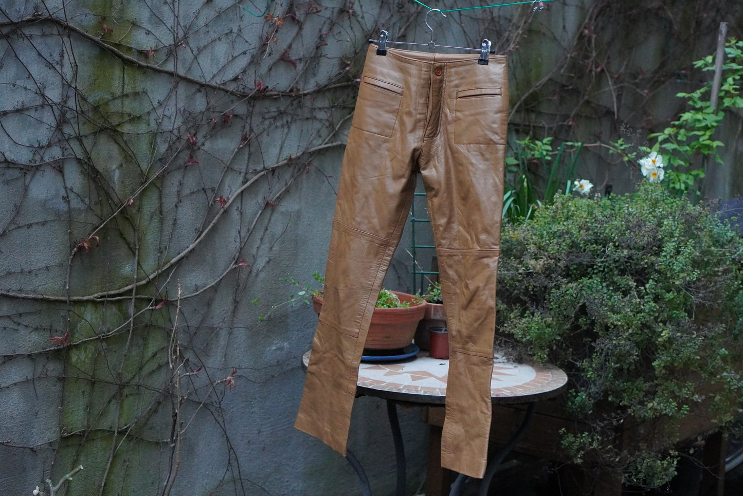 Vintage 70s Tan Brown Leather Trousers - Slim Fit Pants Size 27