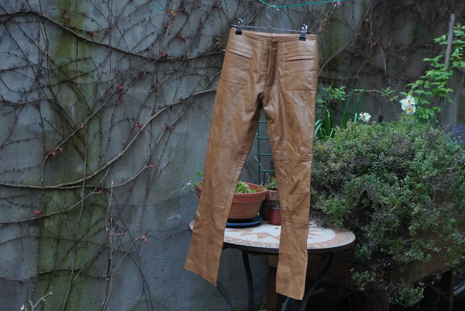 Vintage 70s Tan Brown Leather Trousers - Slim Fit Pants Size 27