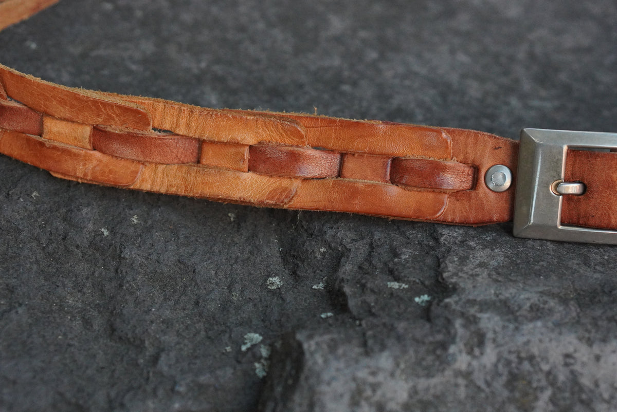 Woven Leather Belt | Vintage 70s Tan Brown | Silver Buckle S/M