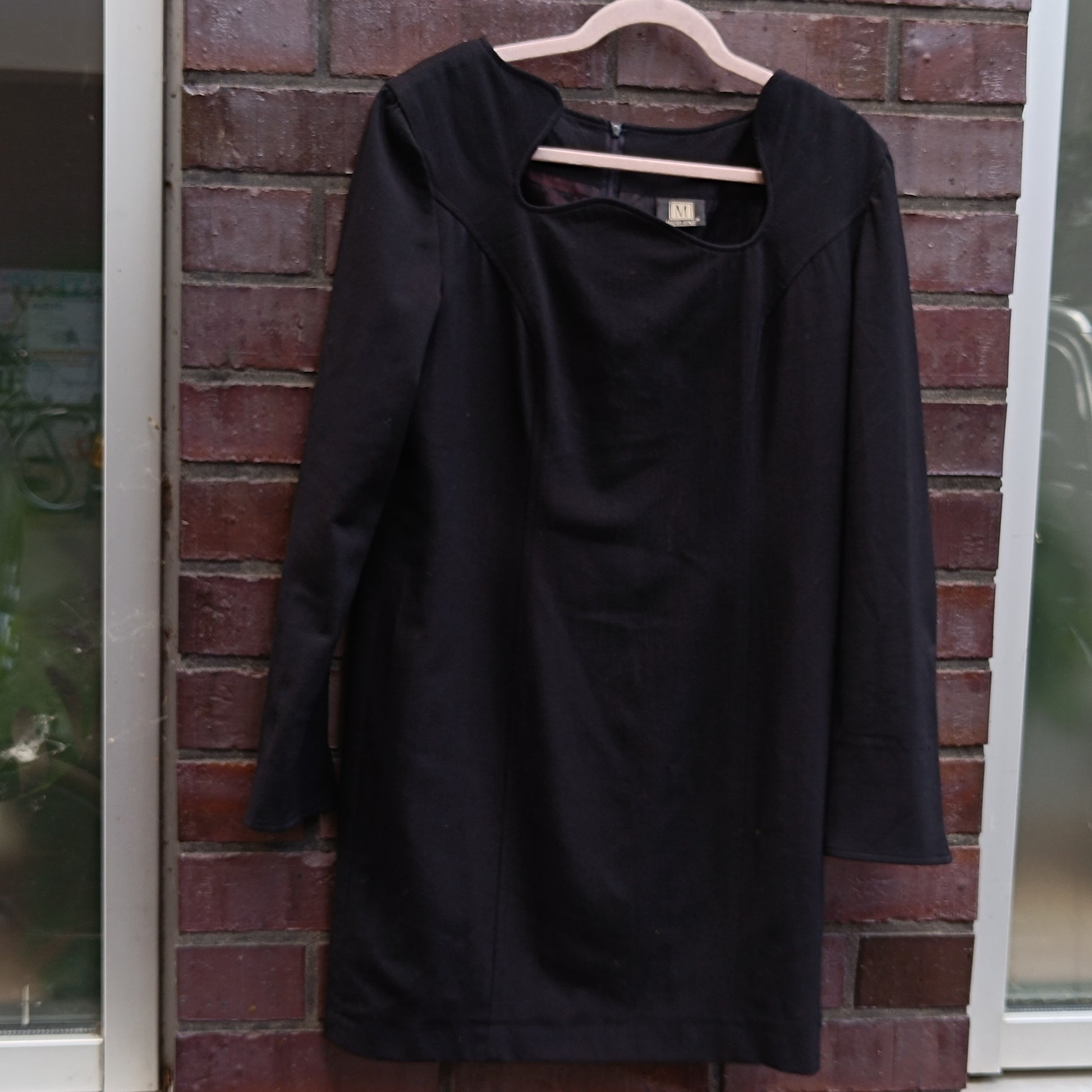 Madeleine Vintage 90s Dress Black Wavy Square Neck Asymmetric Avant Garde LBD M