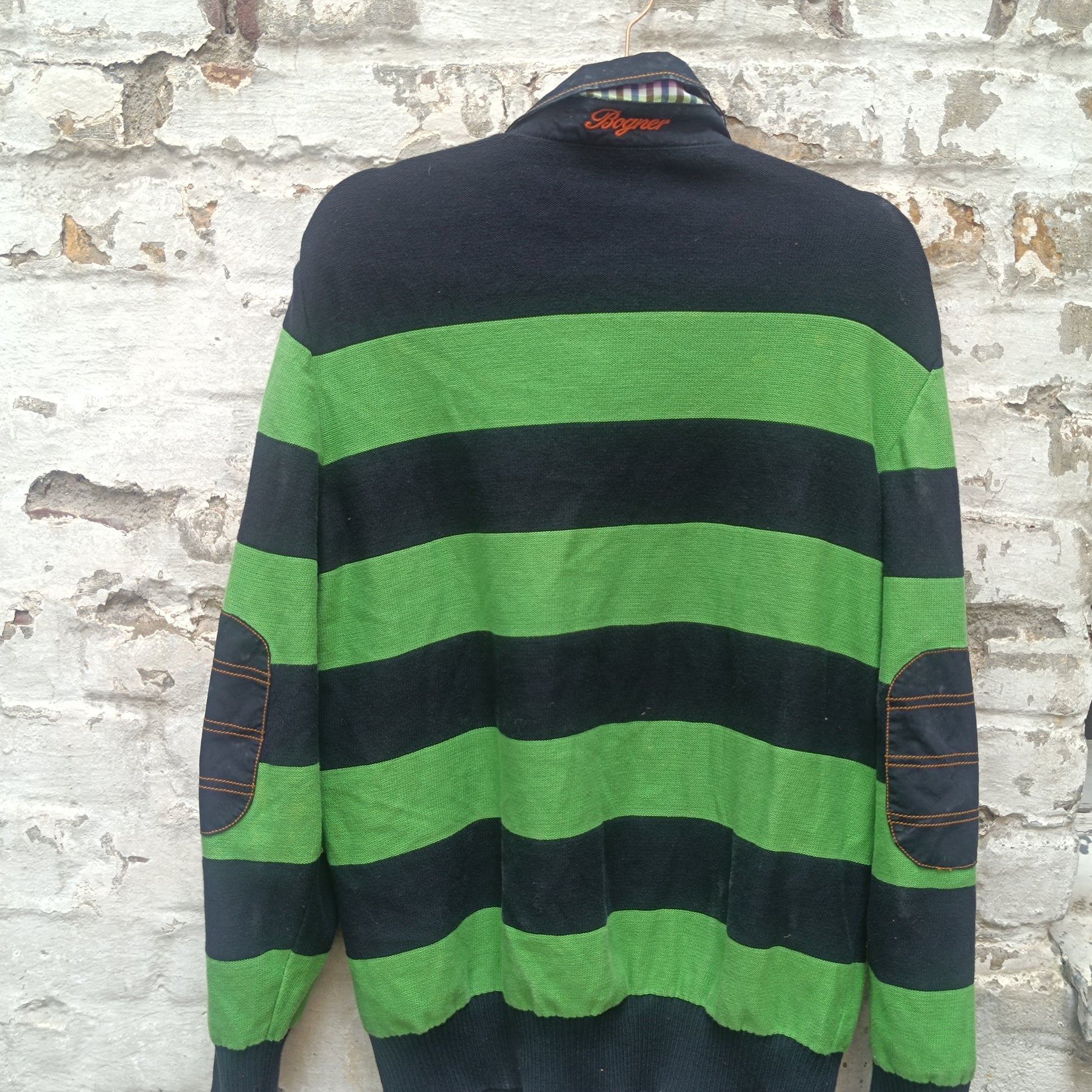 Vintage Bogner Stripe Jumper | Navy & Lime Green Cotton Knit | Fits M