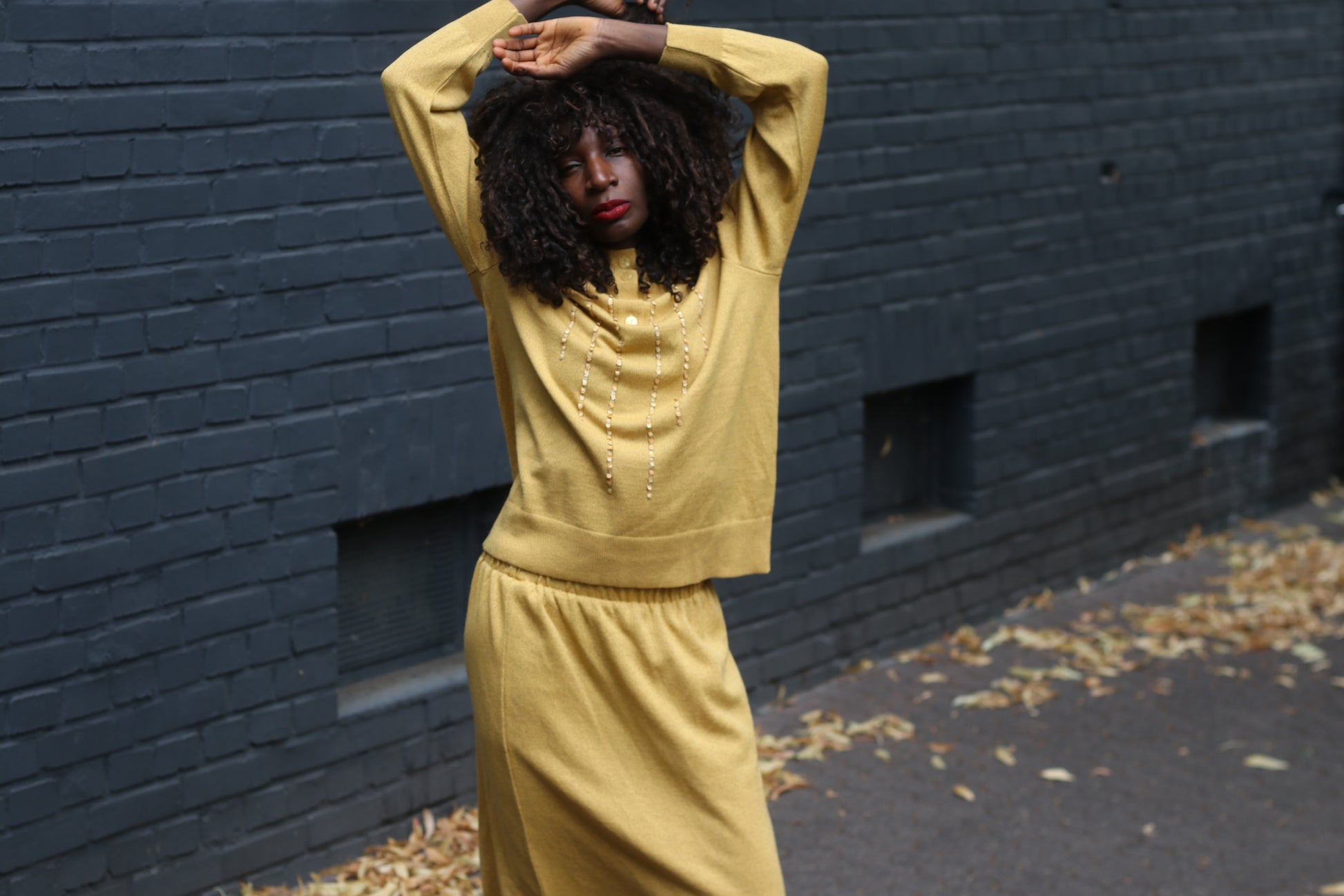 Vintage Wool Knit Skirt Set | 1980s Mustard Yellow Two Piece M
