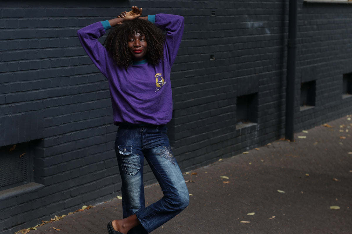 Vintage 80s Purple Sweatshirt Graphic Pullover Teal Trim - Size M