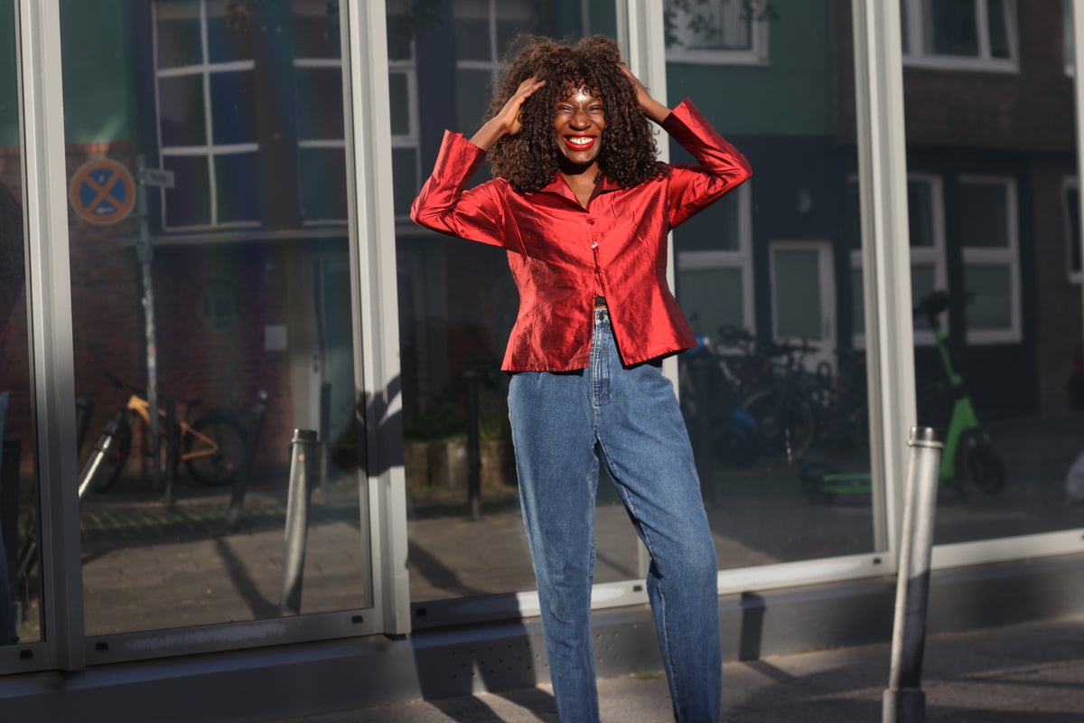 Vintage Metallic Red Silk Blouse | 90s Tailored Long Sleeve Top - XS/S