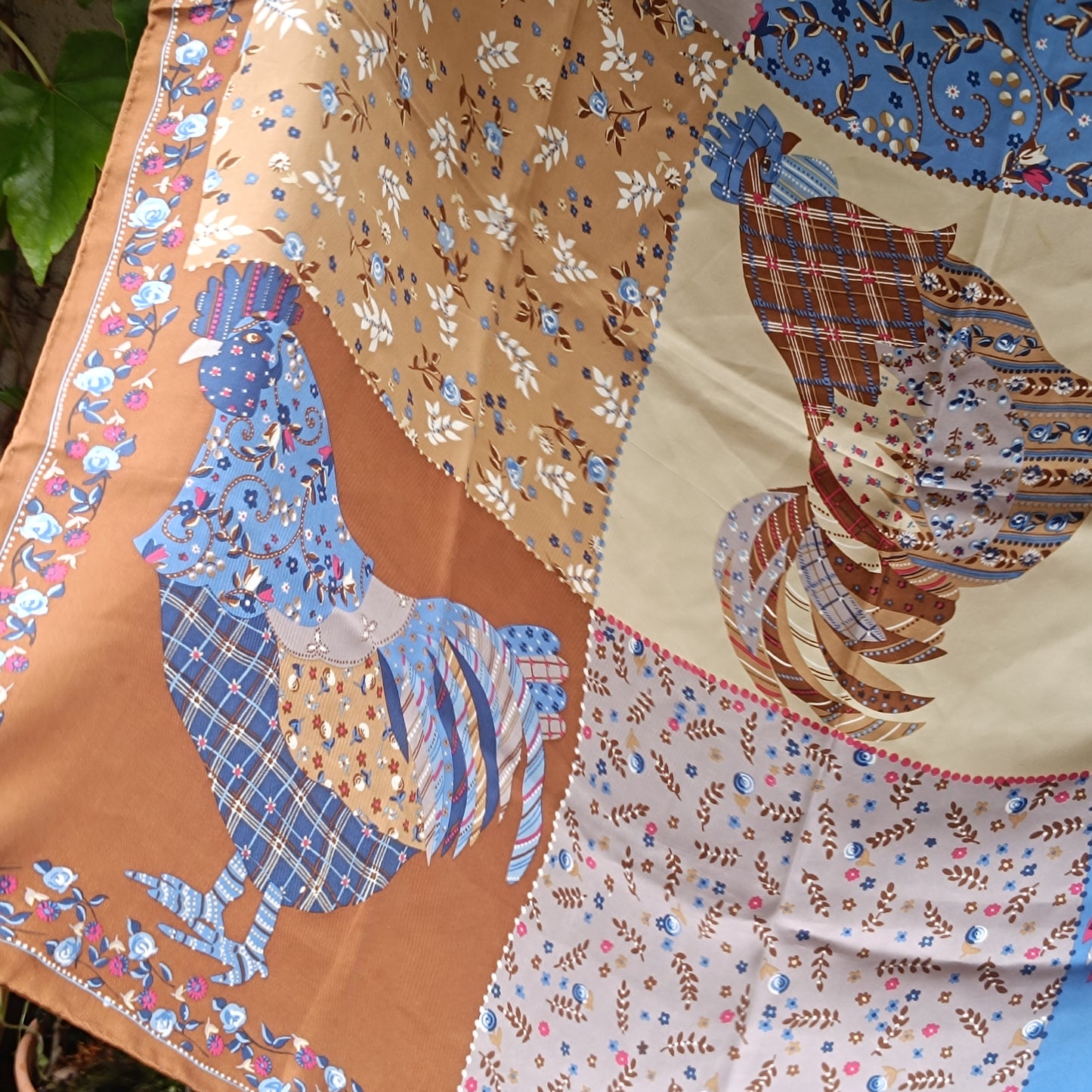 Vintage Christian Fischbacher Silk Scarf Handprinted Rooster Folk Art Shawl