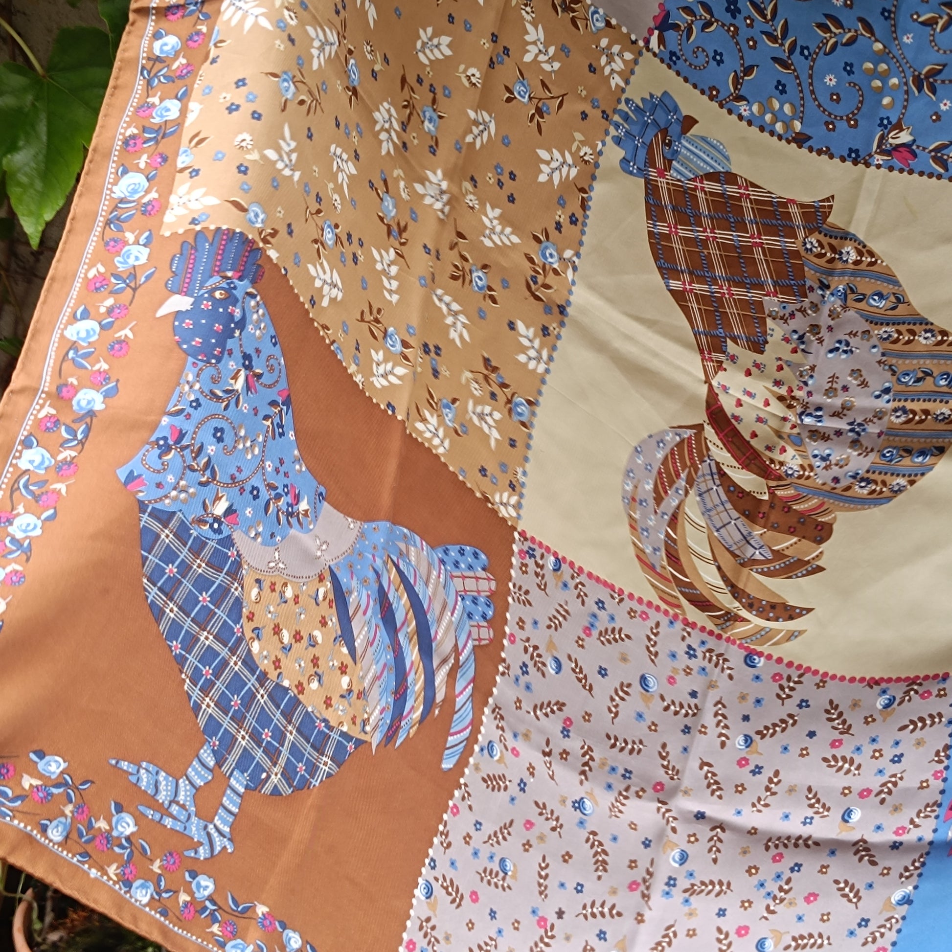 Vintage Christian Fischbacher Silk Scarf Handprinted Rooster Folk Art Shawl