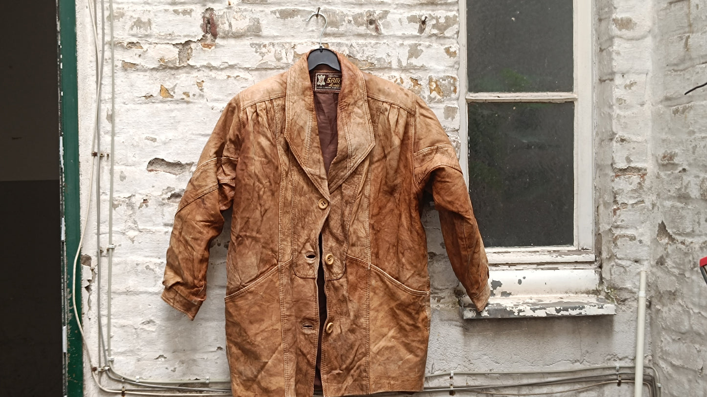 Creation SAM Leather Vintage 80s Tan Patchwork Coat - Retro Long Jacket