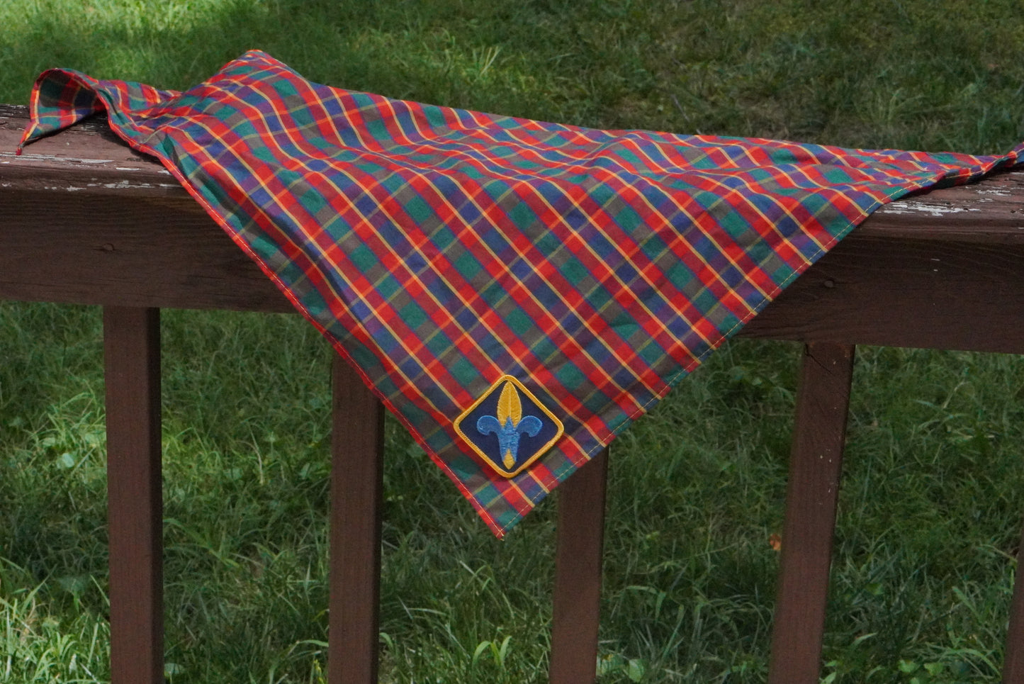 Vintage Plaid Bandana Neck Scarf - Retro Fleur de Lis Scout Bandana