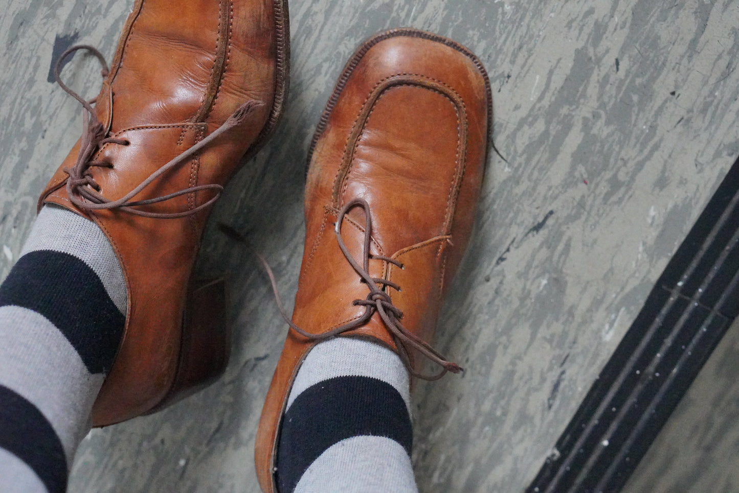 Leather Oxfords - 70s Tan Brown Square Toe Heeled Shoes - Size EU 38.5
