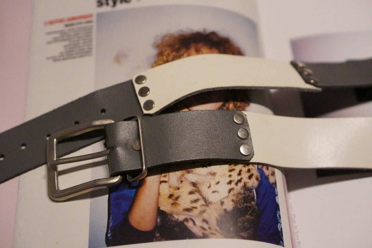 Leather Belt Vintage Y2K Two Tone Gray White Metal Buckle | M