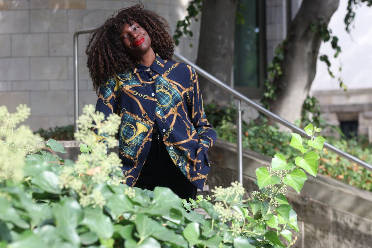 90s equestrian print button down shirt, resort style navy blue blouse, size M