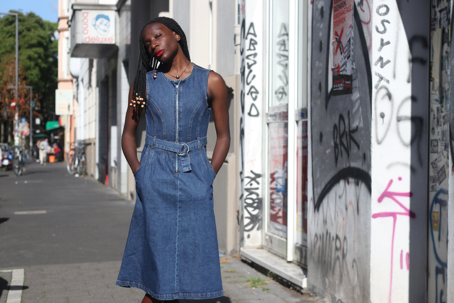 Zign Studio Organic Denim Midi Dress - Sleeveless Belted Jean Dress Blue S