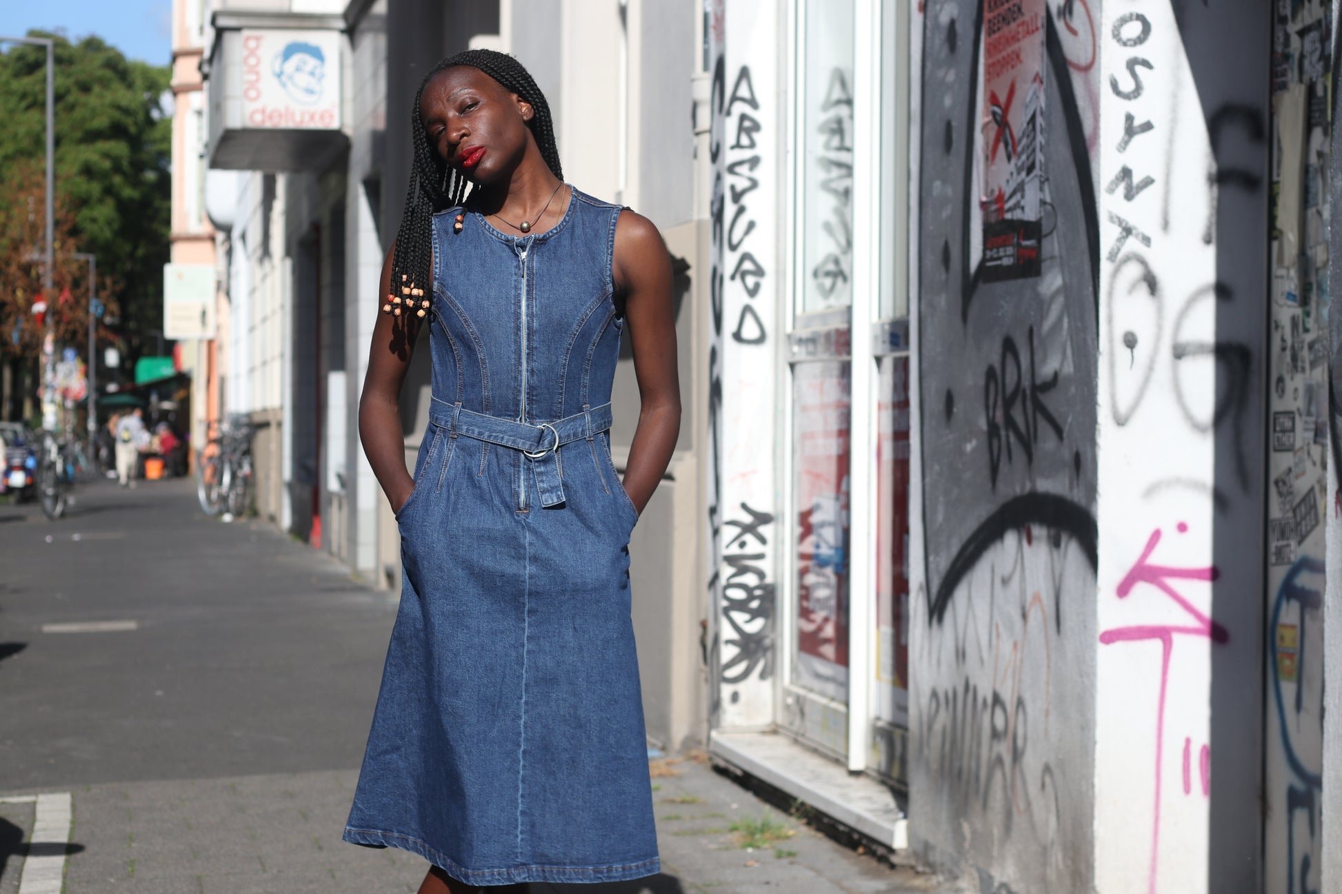 Zign Studio Organic Denim Midi Dress - Sleeveless Belted Jean Dress Blue S