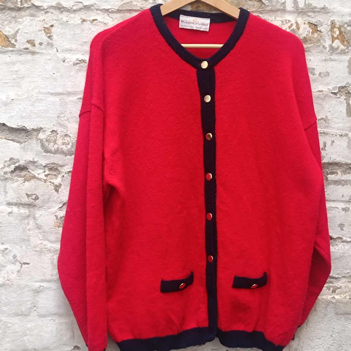Wool Cardigan Vintage 80s Red Navy | Mackinnon Scotland Knit Sweater | L