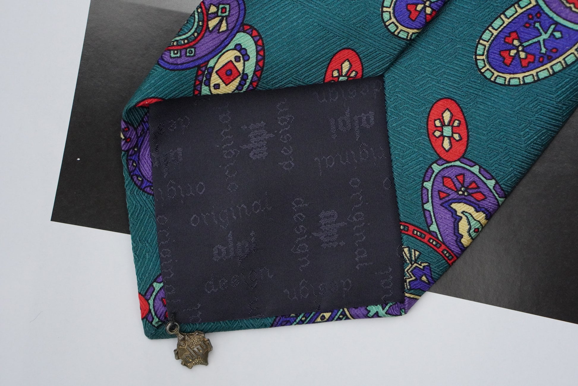 Alpi Vintage 1980s Silk Tie Teal Geometric Pattern Avant Garde Retro Mens Necktie