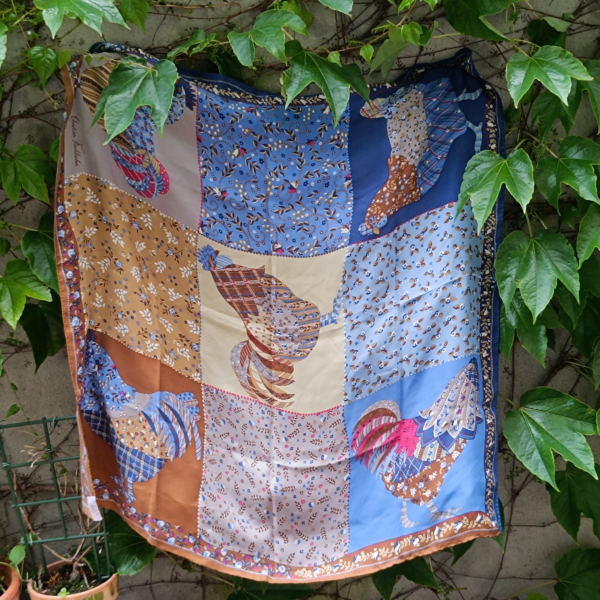 Vintage Christian Fischbacher Silk Scarf Handprinted Rooster Folk Art Shawl
