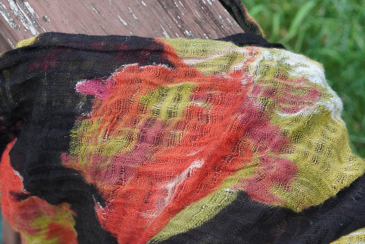 Vintage Floral Scarf - Retro Black Crinkle Wrap with Fringe