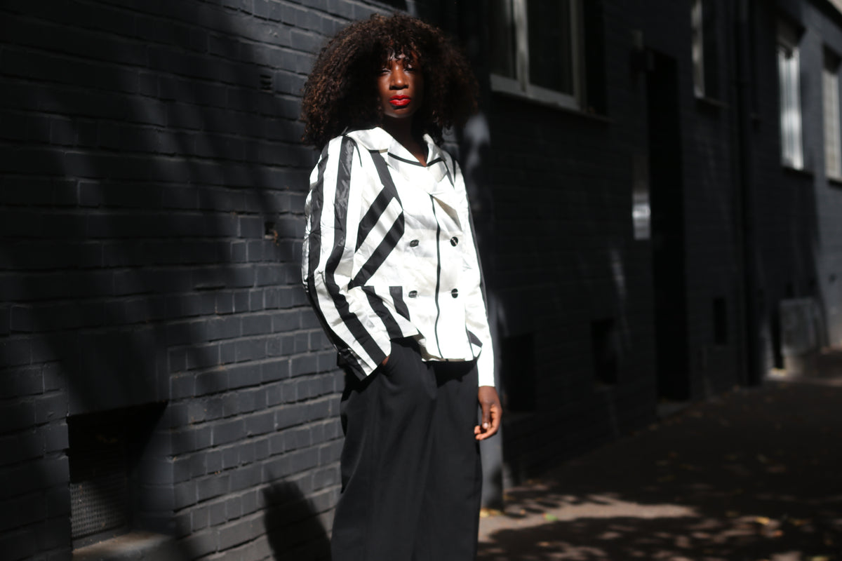 Vintage Striped Blazer | 90s Black White Geometric Jacket | Vera Mont S