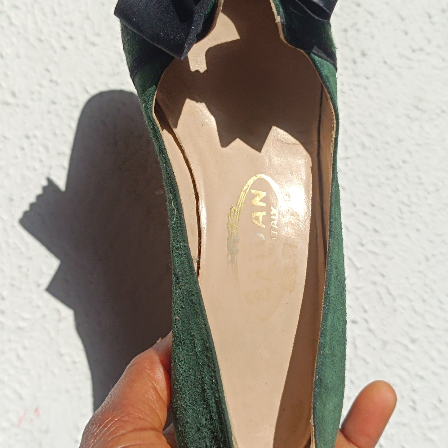 Vintage BALDAN Italy Suede Pumps Green 60s 70s Kitten Heel Ribbon Bow Shoes