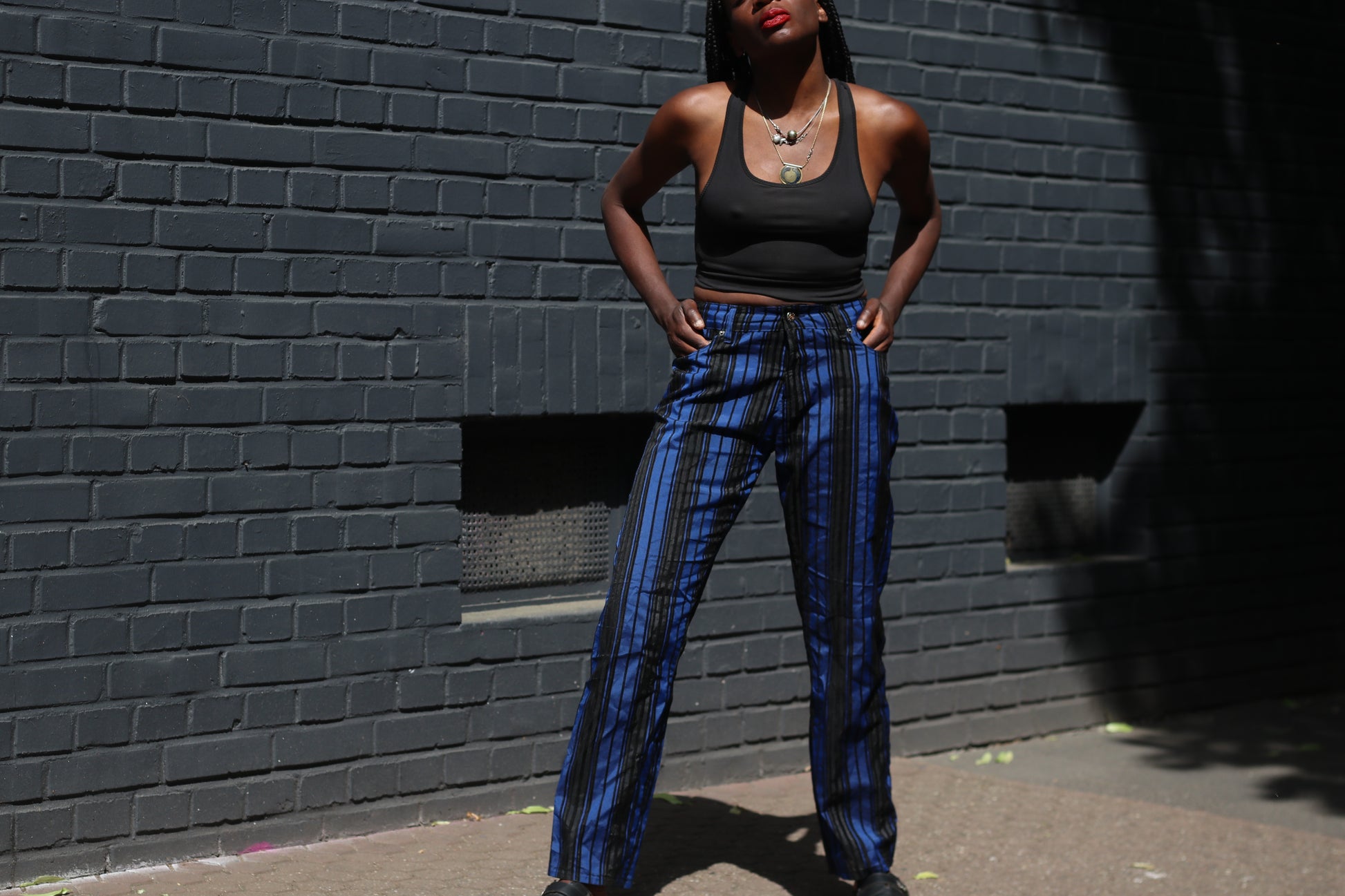 Vintage 80s Blue Striped Pants High Waisted Straight Leg Trousers Size M