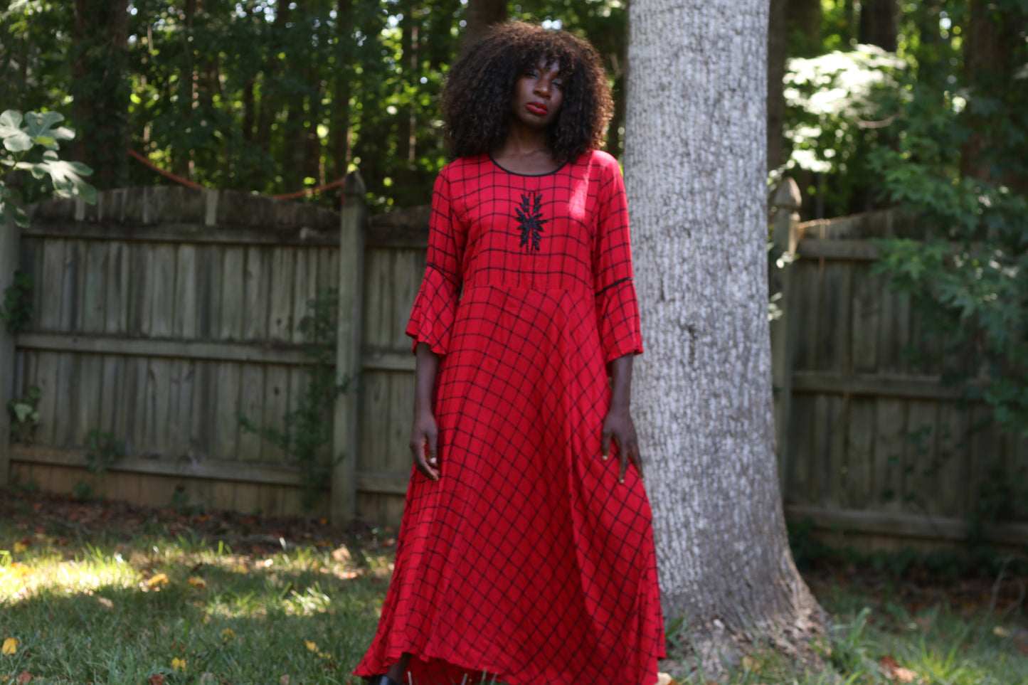 Vintage 1990s Red Plaid Bell Sleeve Maxi Dress
