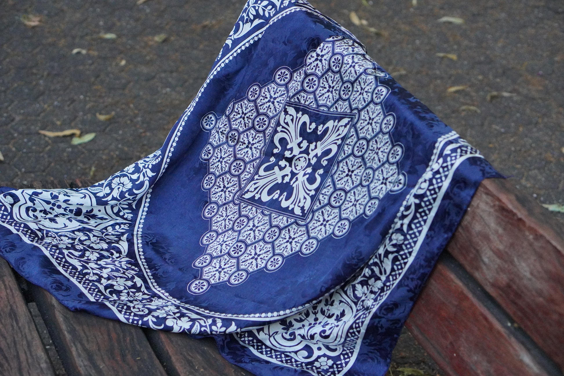 Vintage Italy Silk Scarf Blue White Baroque Medallion Head Neck Square Wrap Bandana