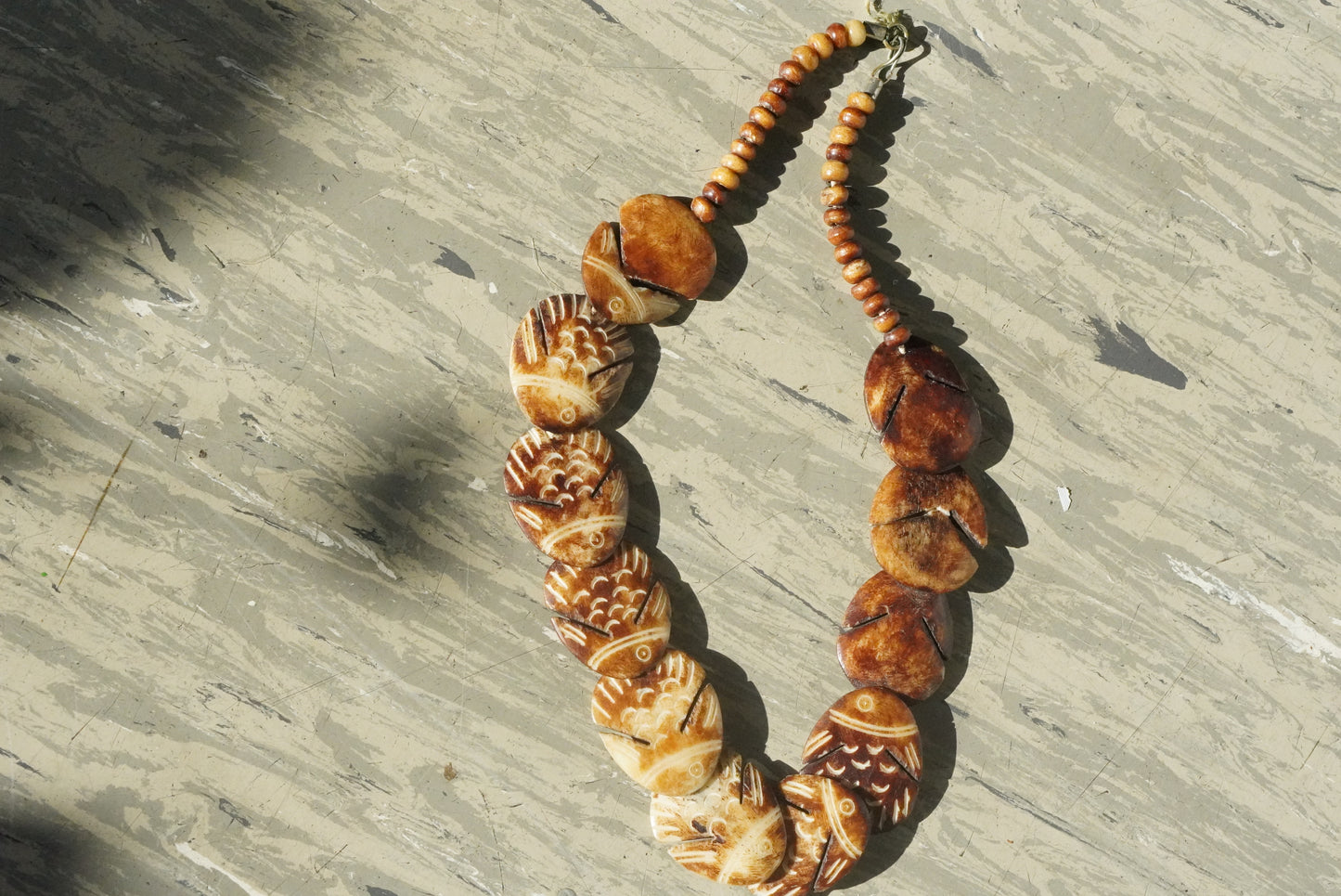Vintage Carved Fish Necklace | Boho Brown Coconut Shell Tiki Jewelry