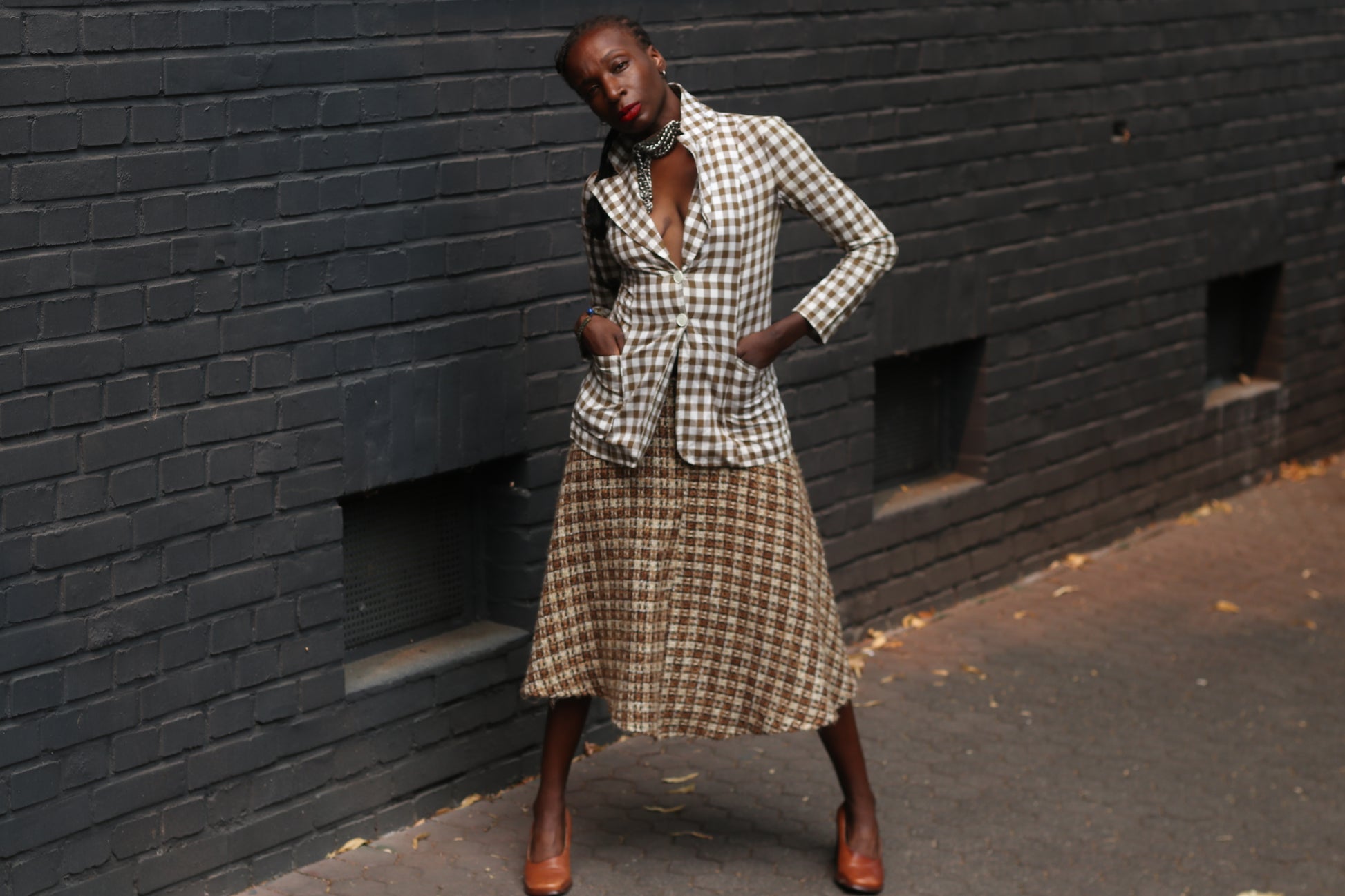 Gingham Blazer Jacket | Vintage French Brown White | Fits XS S