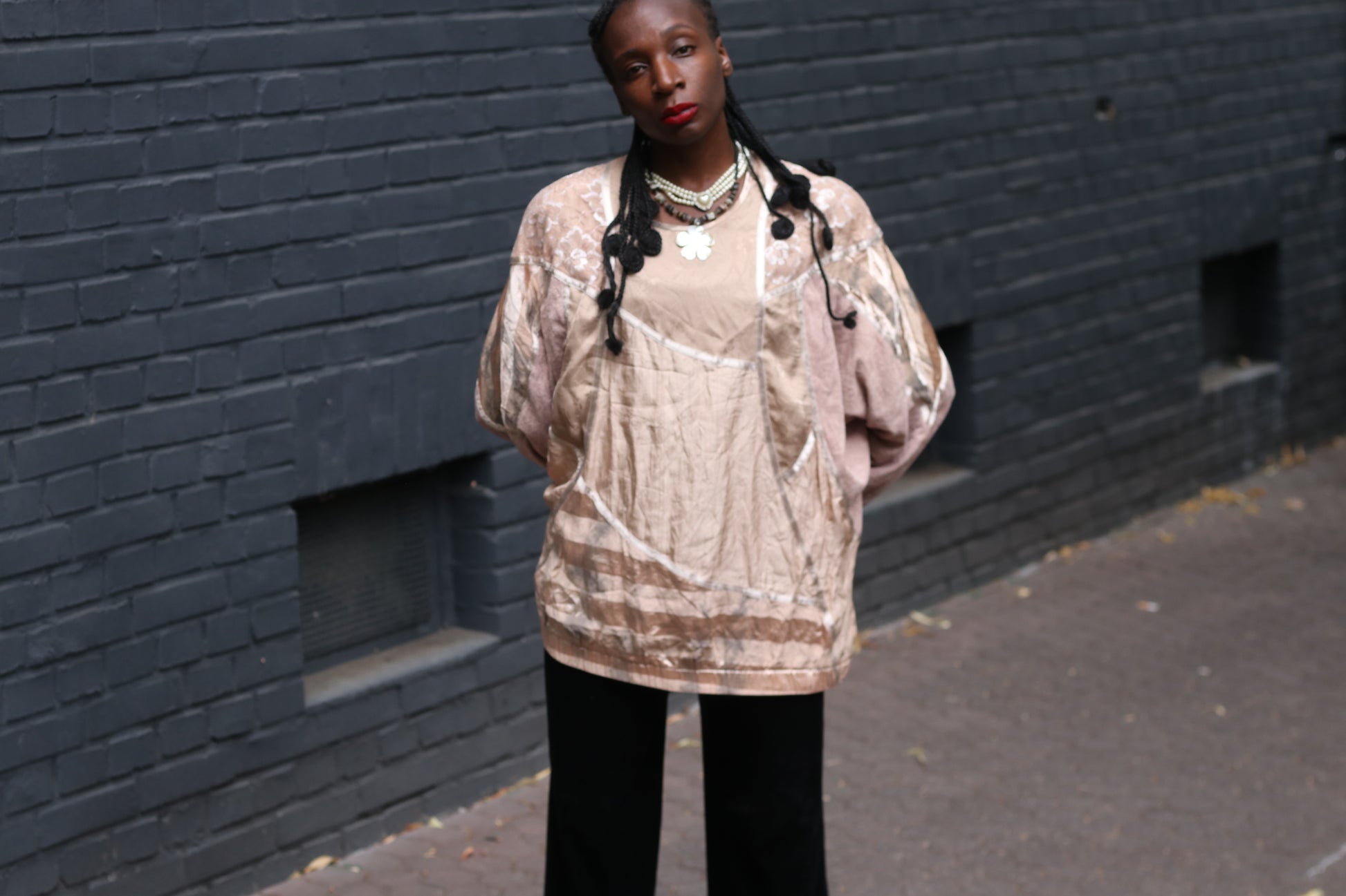 Vintage Patchwork Top 80s Batwing Blouse Beige Pink Fits M/L